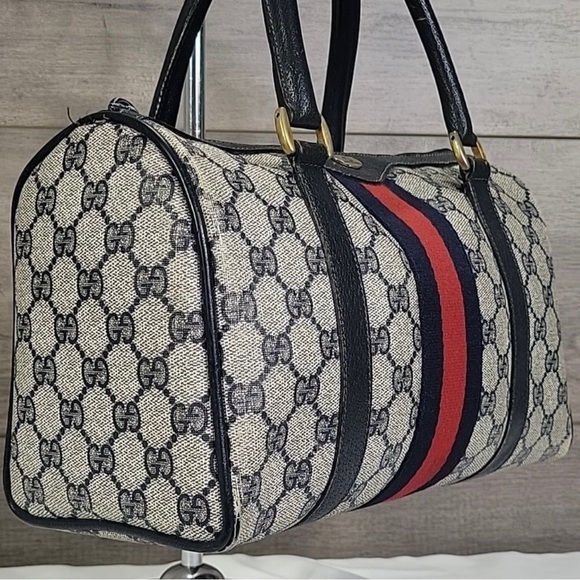 AUTHENTIC GUCCI VINTAGE WEB SHERRY LINE BOSTON BAG…MONOGRAM CANVAS NAVY LEATHER - Picture 2 of 11